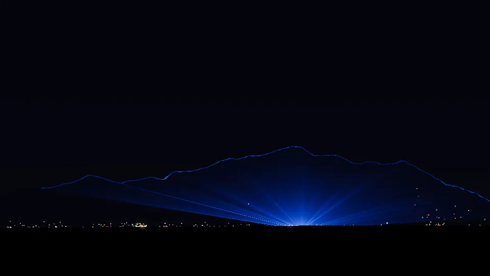 Simulated night view from the Man in dust: a fan of blue rays rises from the projector to the ridge