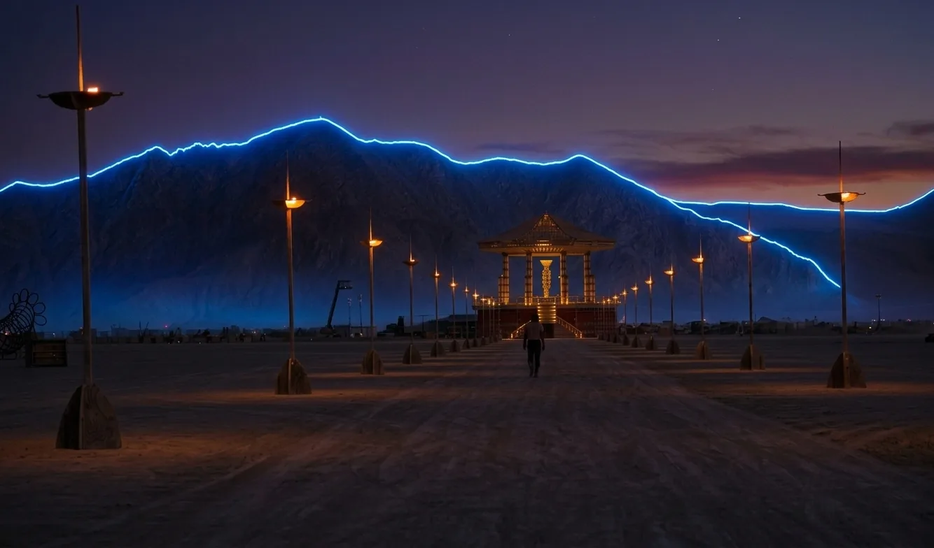 Concept rendering: a blue laser line traces the ridge of Old Razorback Mountain at dusk