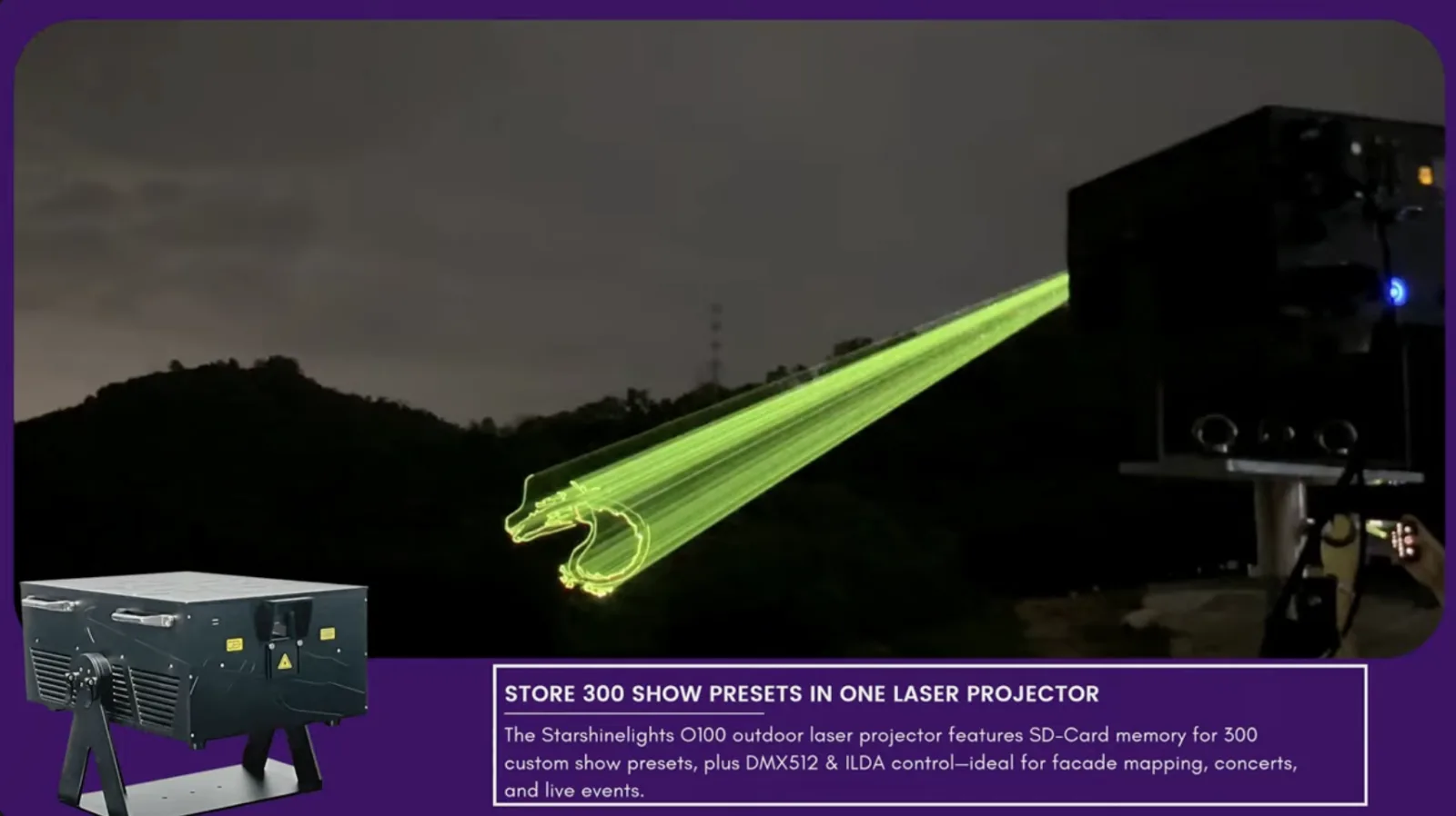 Starshine Lights O100 projector drawing a dragon on a mountainside